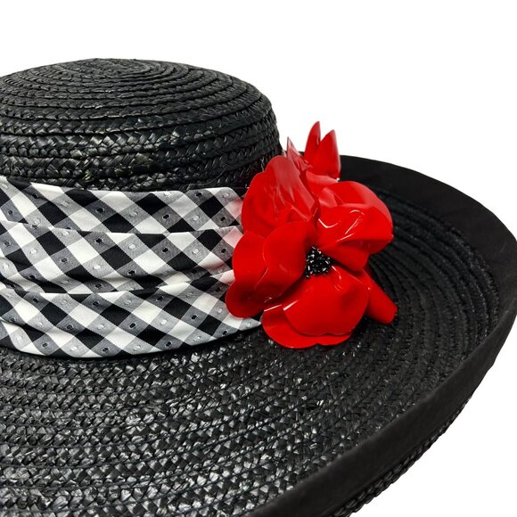 Whittall & Shon Womens Black‎ Wide Brim Hat Red Floral Derby Event - Picture 6 of 11